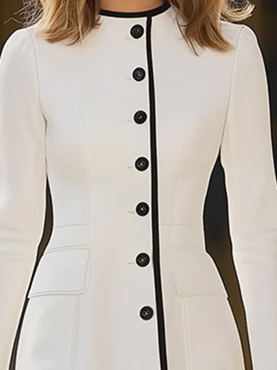 Women's Elegant Colorblock Cowgirl Midi Dress Faux Wool Button Round Neck Formal Dress – Ivory White - Lolly 