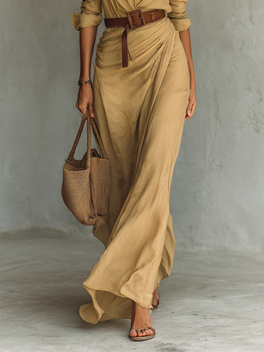 Women's Elegant Cowgirl Long Dress Lapel Single Breasted Belted Waist Long Sleeve Casual – Camel - Lolly 