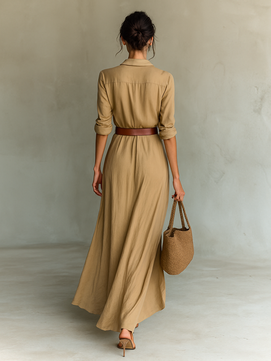 Women's Elegant Cowgirl Long Dress Lapel Single Breasted Belted Waist Long Sleeve Casual – Camel - Lolly 