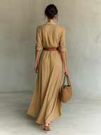 Women's Elegant Cowgirl Long Dress Lapel Single Breasted Belted Waist Long Sleeve Casual – Camel - Lolly 