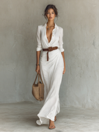 Women's Elegant Cowgirl Long Dress Lapel Single Breasted Belted Waist Long Sleeve Casual – Camel - Lolly 