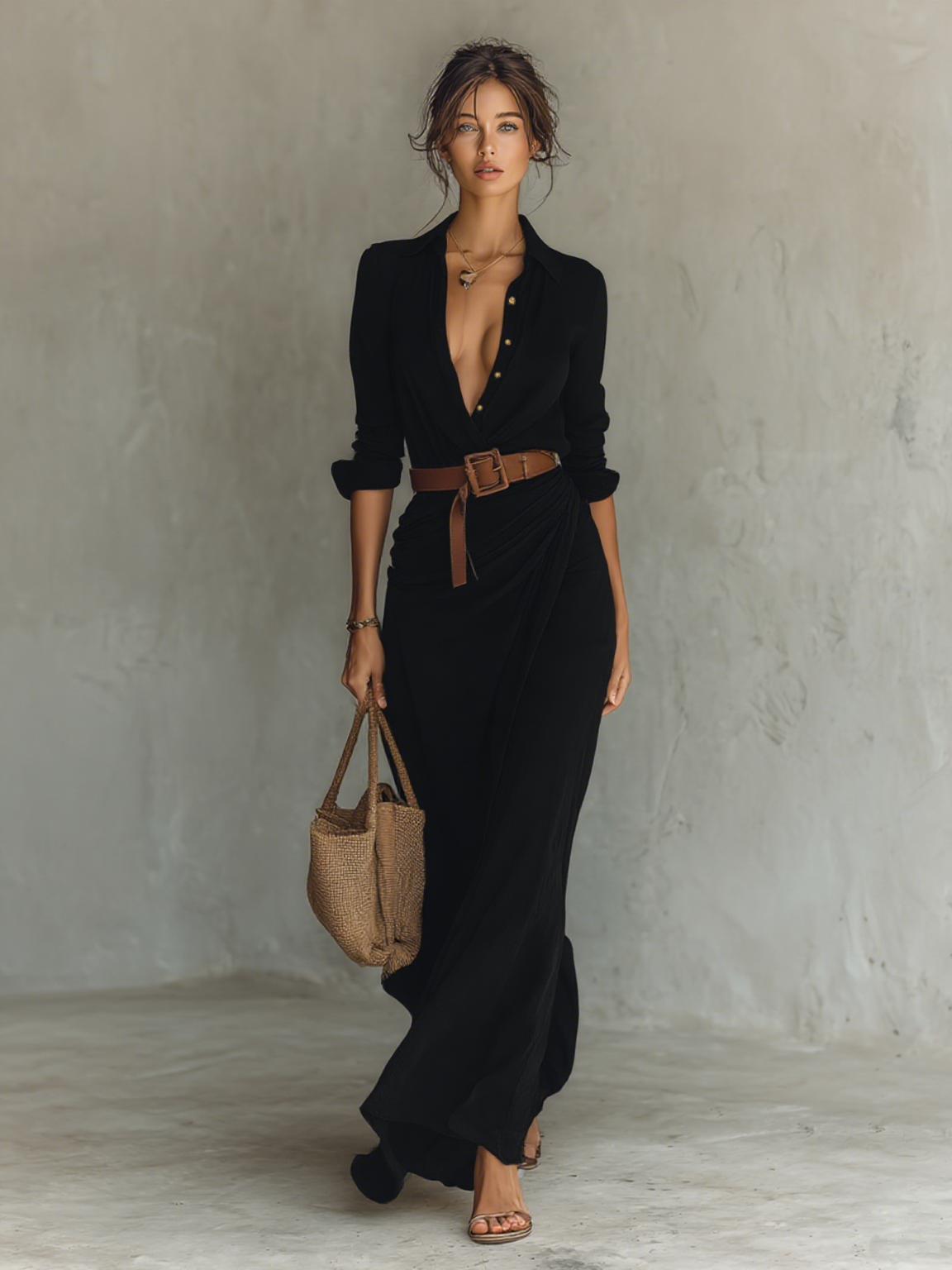 Women's Elegant Cowgirl Long Dress Lapel Single Breasted Belted Waist Long Sleeve Casual – Camel - Lolly 