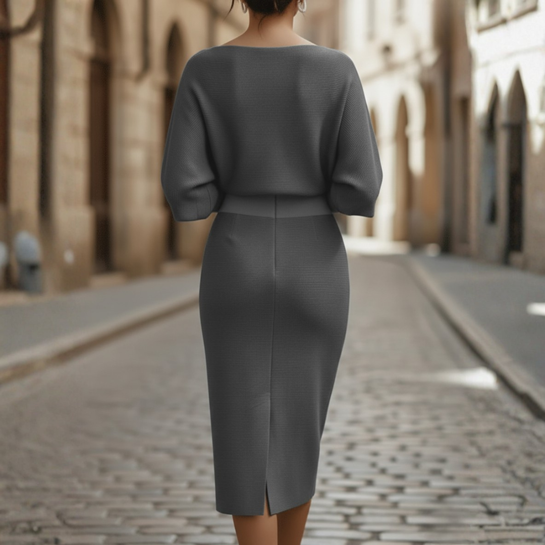 Women's Elegant Cowl Neck Midi Dress Long Sleeve Formal Work Office Cocktail Wedding Guest Bodycon – Grey Black Beige Blue - Lolly 