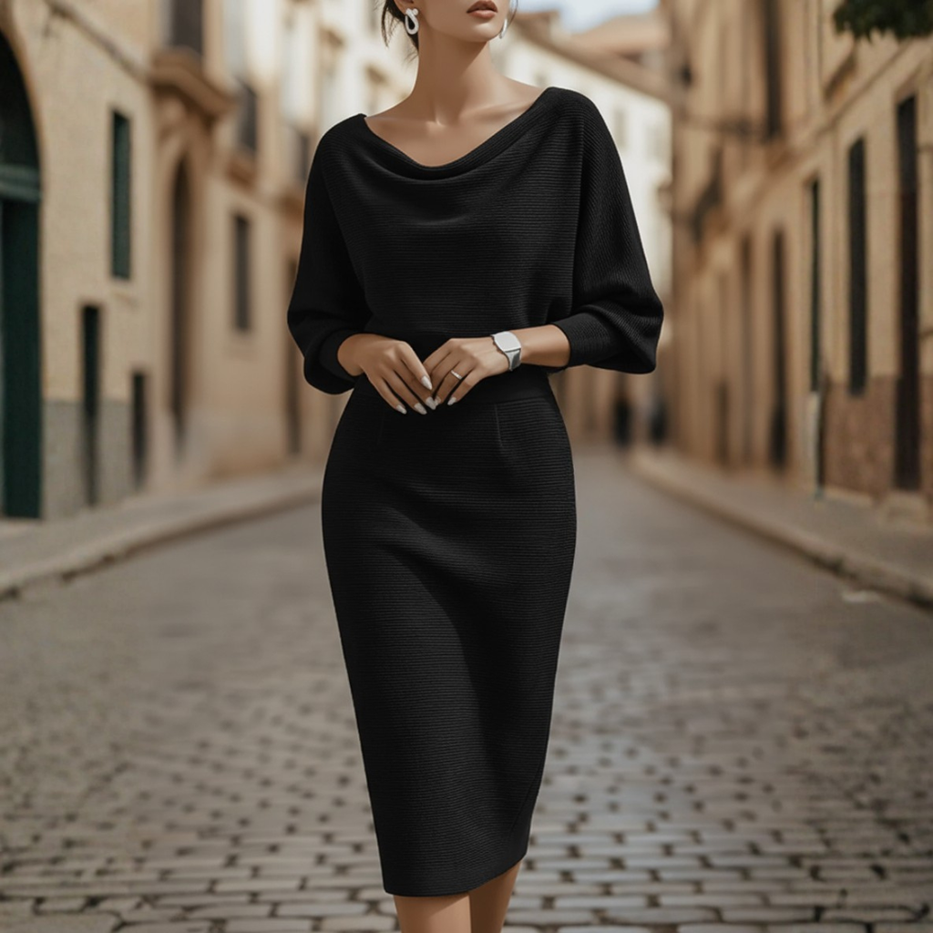 Women's Elegant Cowl Neck Midi Dress Long Sleeve Formal Work Office Cocktail Wedding Guest Bodycon – Grey Black Beige Blue - Lolly 