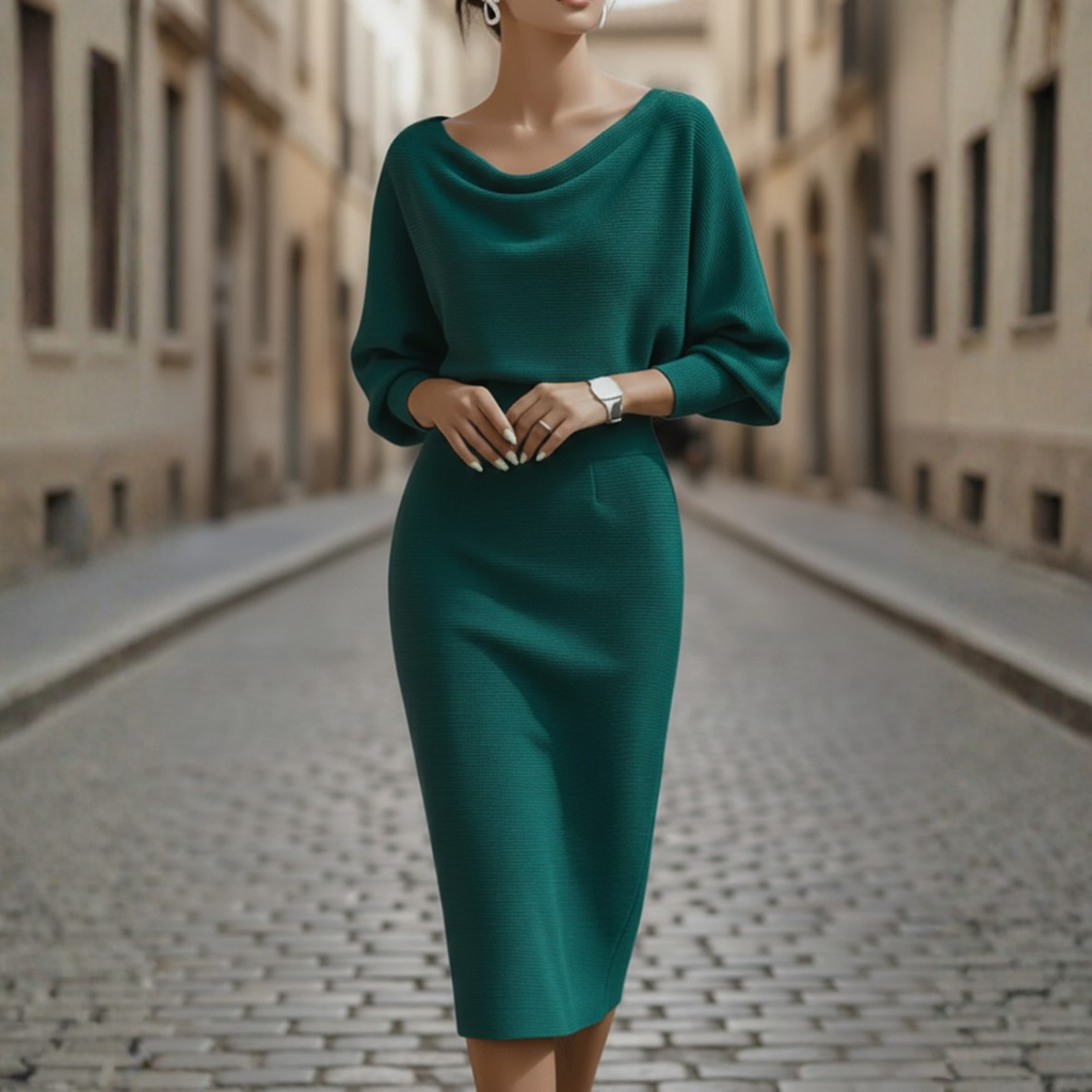 Women's Elegant Cowl Neck Midi Dress Long Sleeve Formal Work Office Cocktail Wedding Guest Bodycon – Grey Black Beige Blue - Lolly 