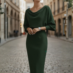 Women's Elegant Cowl Neck Midi Dress Long Sleeve Formal Work Office Cocktail Wedding Guest Bodycon – Grey Black Beige Blue - Lolly 