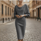Women's Elegant Cowl Neck Midi Dress Long Sleeve Formal Work Office Cocktail Wedding Guest Bodycon – Grey Black Beige Blue - Lolly 