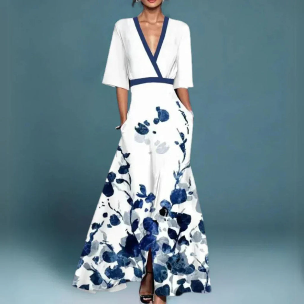 Women's Elegant Floral Long Dress V-Neck Long Sleeve Formal Garden Party Summer Gala – Jill - Lolly 