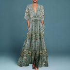 Women's Elegant Floral Long Dress V-Neck Long Sleeve Formal Garden Party Summer Gala – Jill - Lolly 