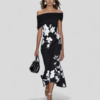 Women's Elegant Floral Midi Dress Off-Shoulder Casual Formal Wedding Guest Chic – Isabrunel - Lolly 