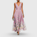 Women's Elegant Floral Midi Dress V-Neck Sleeveless Flowing Formal Wedding Guest Casual – Madeline - Lolly 