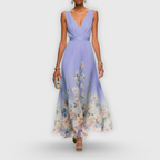 Women's Elegant Floral Midi Dress V-Neck Sleeveless Flowing Formal Wedding Guest Casual – Madeline - Lolly 