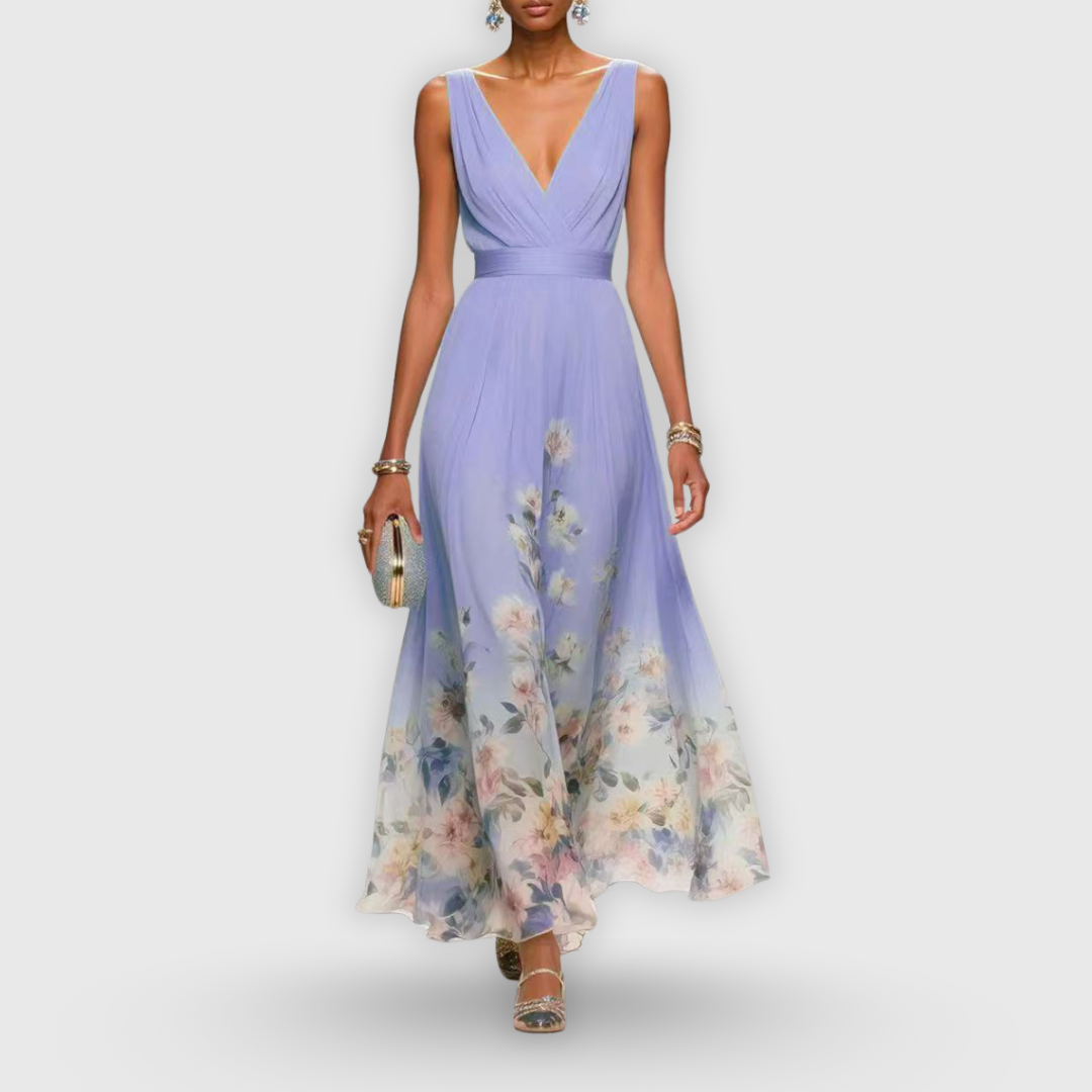 Women's Elegant Floral Midi Dress V-Neck Sleeveless Flowing Formal Wedding Guest Casual – Madeline - Lolly 