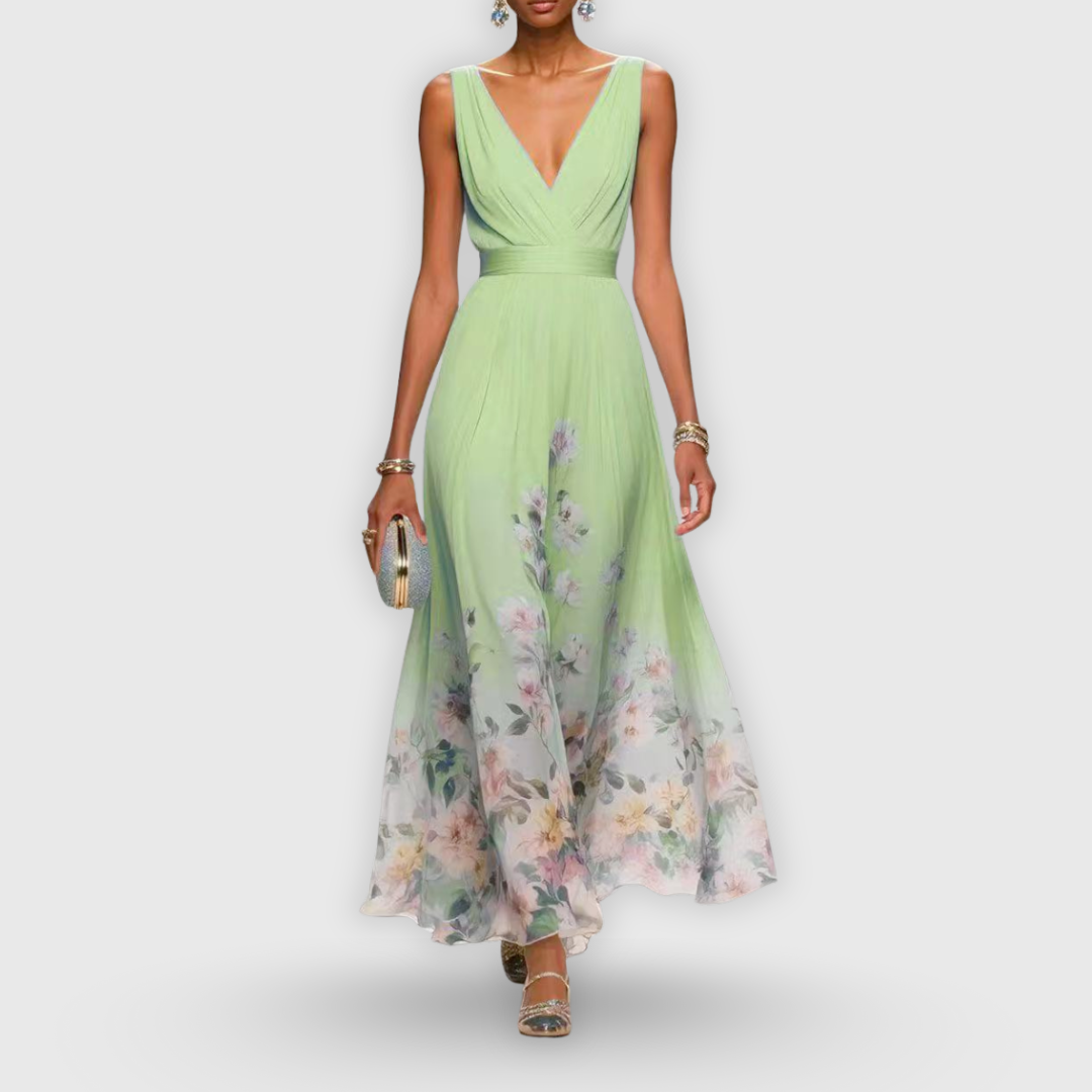 Women's Elegant Floral Midi Dress V-Neck Sleeveless Flowing Formal Wedding Guest Casual – Madeline - Lolly 
