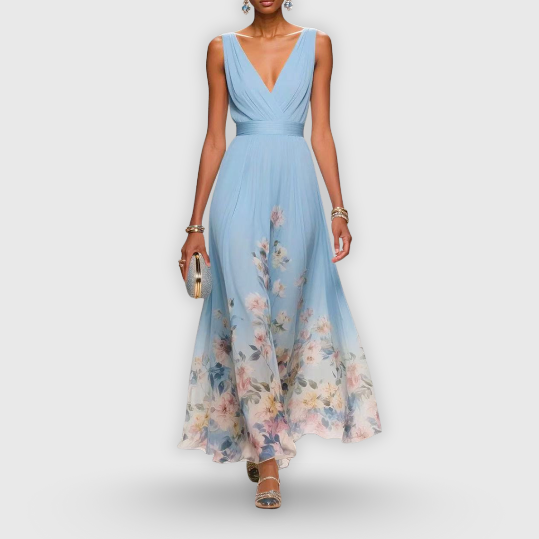 Women's Elegant Floral Midi Dress V-Neck Sleeveless Flowing Formal Wedding Guest Casual – Madeline - Lolly 