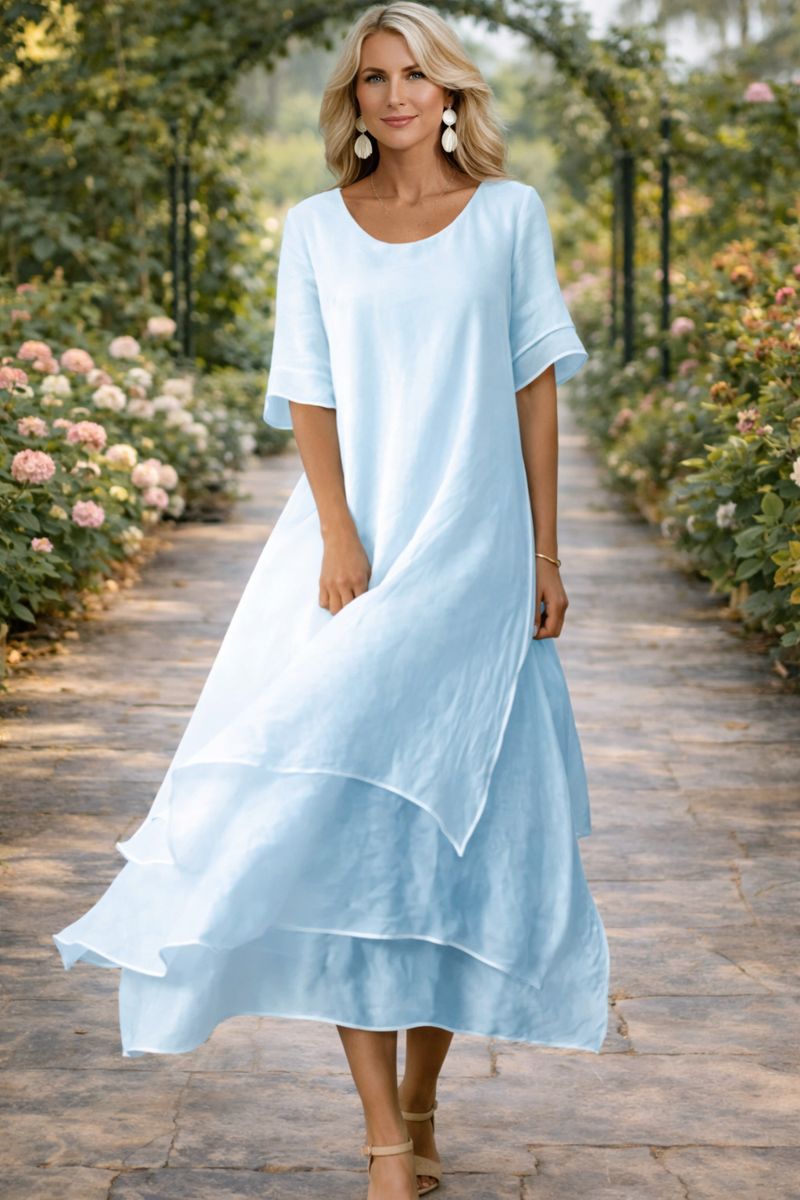 Women's Elegant Flowy Midi Dress Short Sleeve Round Neck Relaxed Fit Casual Summer Garden Wedding Guest Everyday Brunch – April