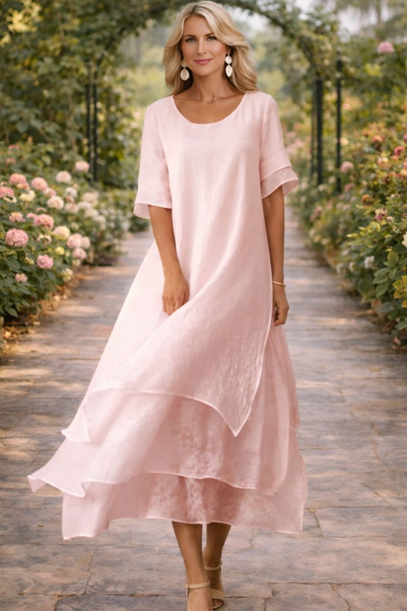 Women's Elegant Flowy Midi Dress Short Sleeve Round Neck Relaxed Fit C – Lolly
