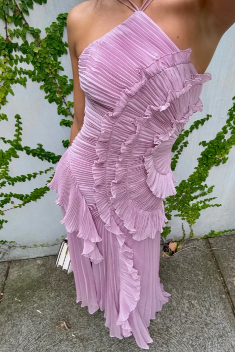 Women's Elegant Halter Long Dress Pleated Flowing Formal Casual Wedding Guest Garden Party – Estelle - Lolly 