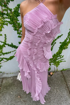 Women's Elegant Halter Long Dress Pleated Flowing Formal Casual Wedding Guest Garden Party – Estelle - Lolly 
