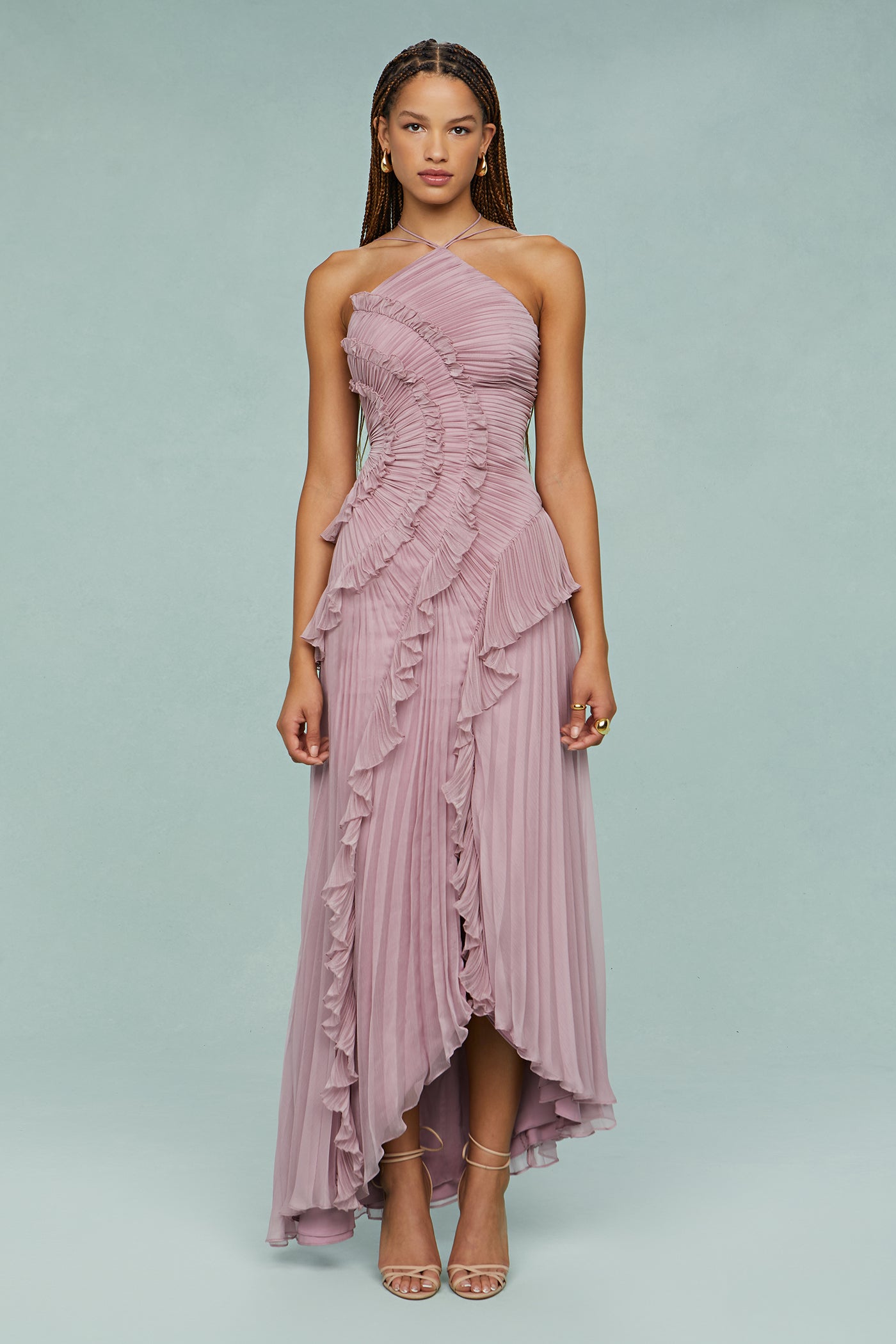 Women's Elegant Halter Long Dress Pleated Flowing Formal Casual Wedding Guest Garden Party – Estelle - Lolly 
