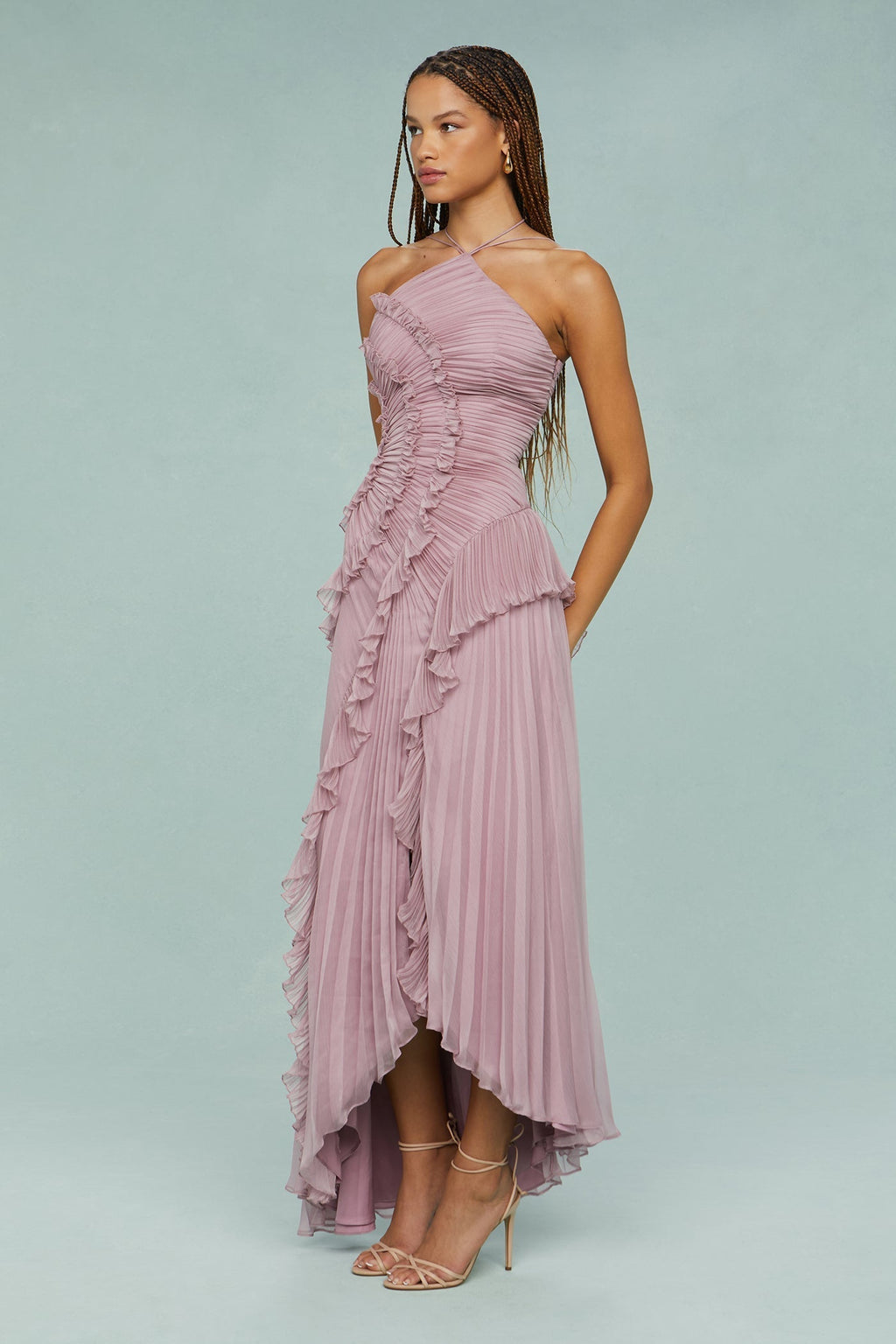Women's Elegant Halter Long Dress Pleated Flowing Formal Casual Wedding Guest Garden Party – Estelle - Lolly 