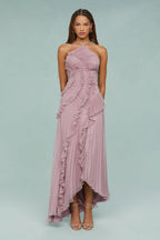 Women's Elegant Halter Long Dress Pleated Flowing Formal Casual Wedding Guest Garden Party – Estelle - Lolly 