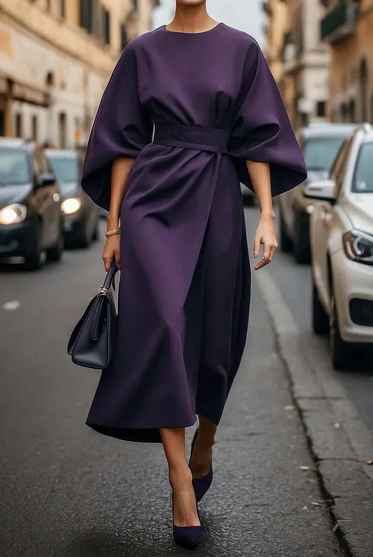 Women's Elegant Lantern Sleeve Midi Formal Dress Belted Wedding Guest Party Occasion – Grace - Lolly 