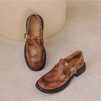 Women's Elegant Leather Brogue Mary Jane Shoes T-Strap Buckle Round Toe Wingtip Detail Casual Work Office Everyday Smart Walking – Mattea - Lolly 