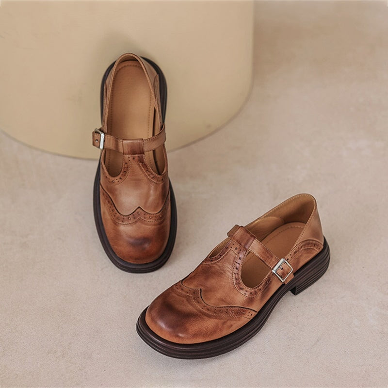Women's Elegant Leather Brogue Mary Jane Shoes T-Strap Buckle Round Toe Wingtip Detail Casual Work Office Everyday Smart Walking – Mattea - Lolly 