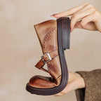 Women's Elegant Leather Brogue Mary Jane Shoes T-Strap Buckle Round Toe Wingtip Detail Casual Work Office Everyday Smart Walking – Mattea - Lolly 
