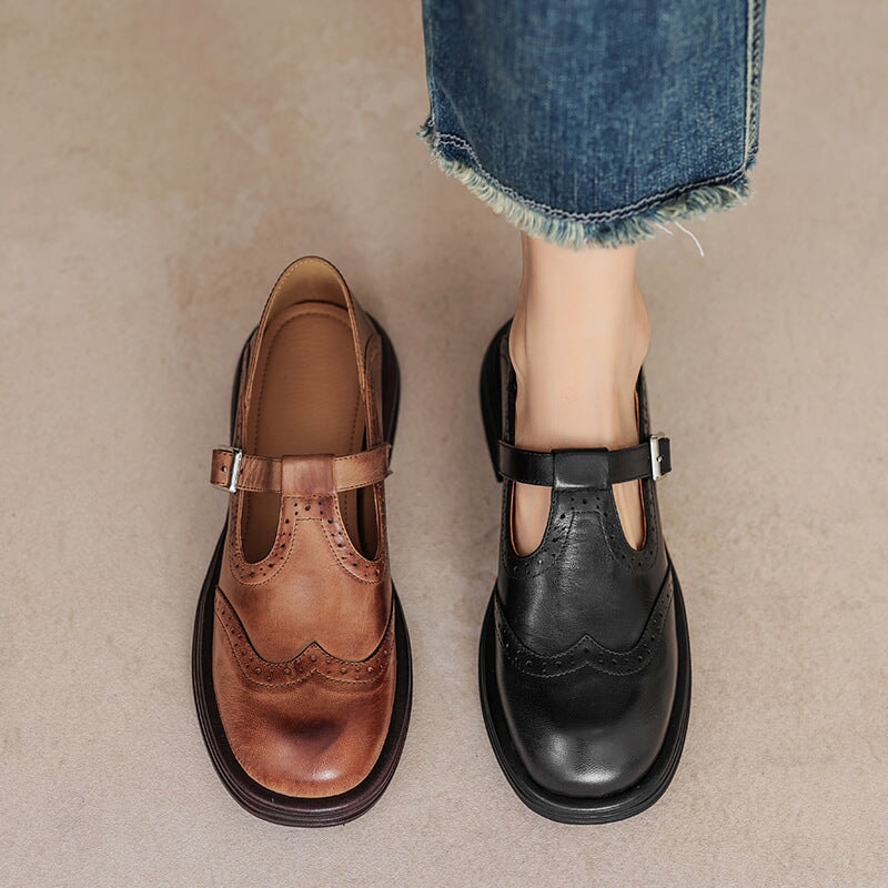 Women's Elegant Leather Brogue Mary Jane Shoes T-Strap Buckle Round Toe Wingtip Detail Casual Work Office Everyday Smart Walking – Mattea - Lolly 
