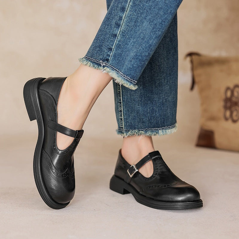 Women's Elegant Leather Brogue Mary Jane Shoes T-Strap Buckle Round Toe Wingtip Detail Casual Work Office Everyday Smart Walking – Mattea - Lolly 