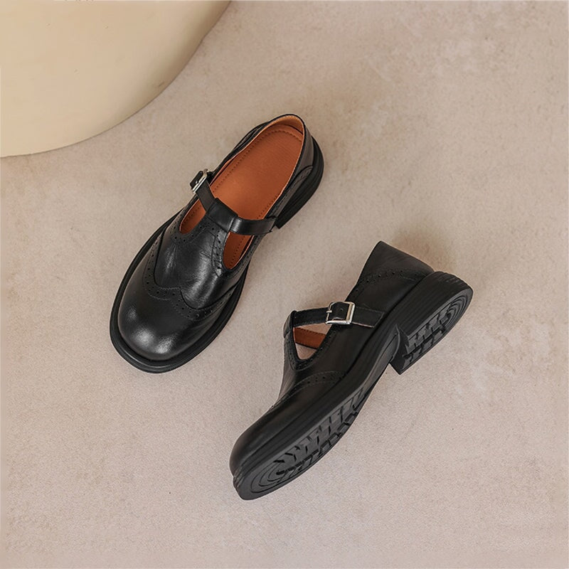 Women's Elegant Leather Brogue Mary Jane Shoes T-Strap Buckle Round Toe Wingtip Detail Casual Work Office Everyday Smart Walking – Mattea - Lolly 