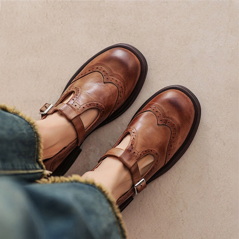 Women's Elegant Leather Brogue Mary Jane Shoes T-Strap Buckle Round Toe Wingtip Detail Casual Work Office Everyday Smart Walking – Mattea - Lolly 
