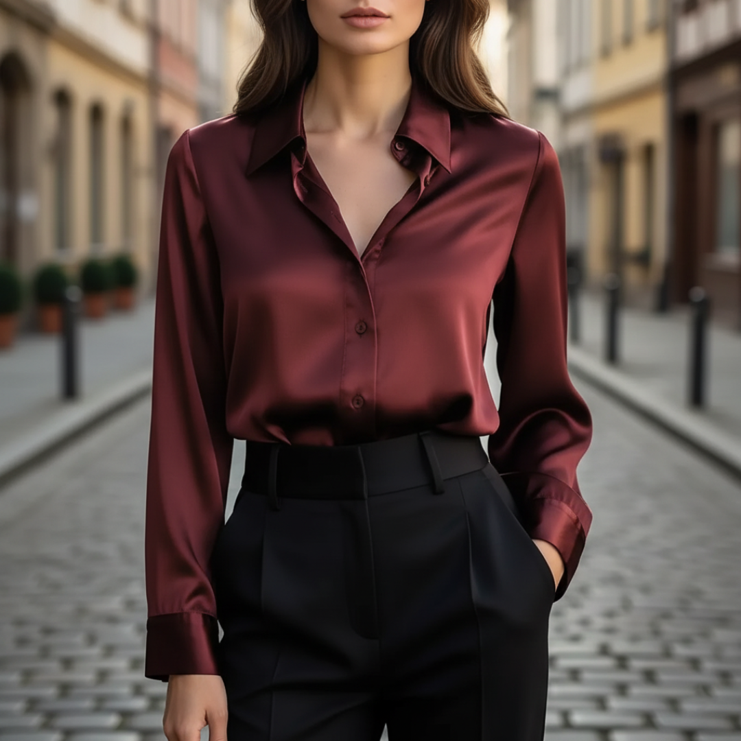 Women's Elegant Long Sleeve Satin Shirt Silky Button Down Formal Casual Work Office Blouse – Chocolate Brown - Lolly 