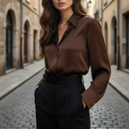 Women's Elegant Long Sleeve Satin Shirt Silky Button Down Formal Casual Work Office Blouse – Chocolate Brown - Lolly 