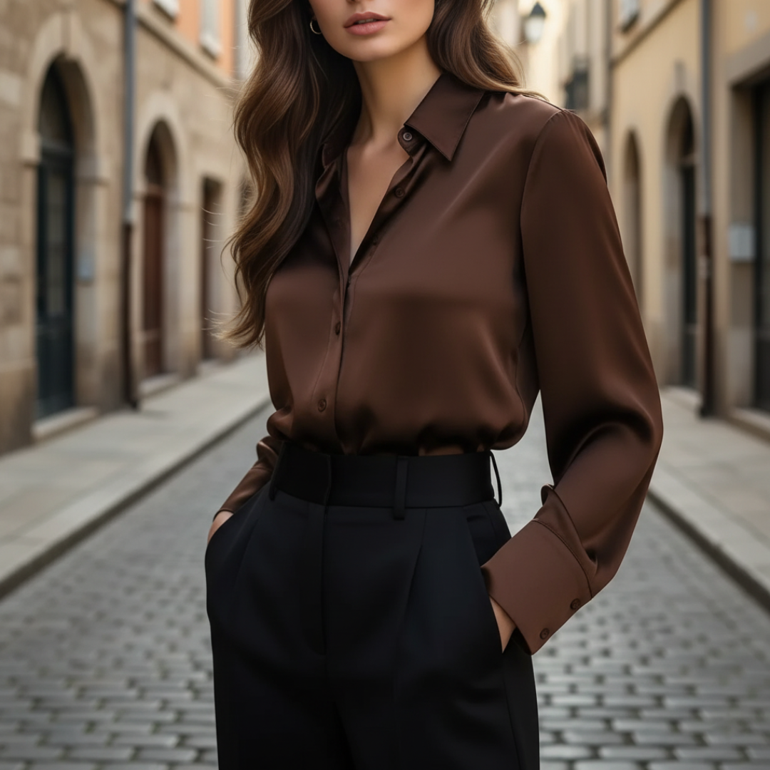 Women's Elegant Long Sleeve Satin Shirt Silky Button Down Formal Casual Work Office Blouse – Chocolate Brown - Lolly 