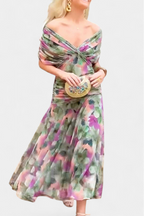 Women's Elegant Off-Shoulder Midi Dress Draped Ruched Bodice Floral Feminine – Lowenna - Lolly 