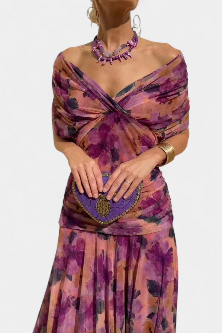 Women's Elegant Off-Shoulder Midi Dress Draped Ruched Bodice Floral Feminine – Lowenna - Lolly 