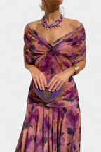 Women's Elegant Off-Shoulder Midi Dress Draped Ruched Bodice Floral Feminine – Lowenna - Lolly 