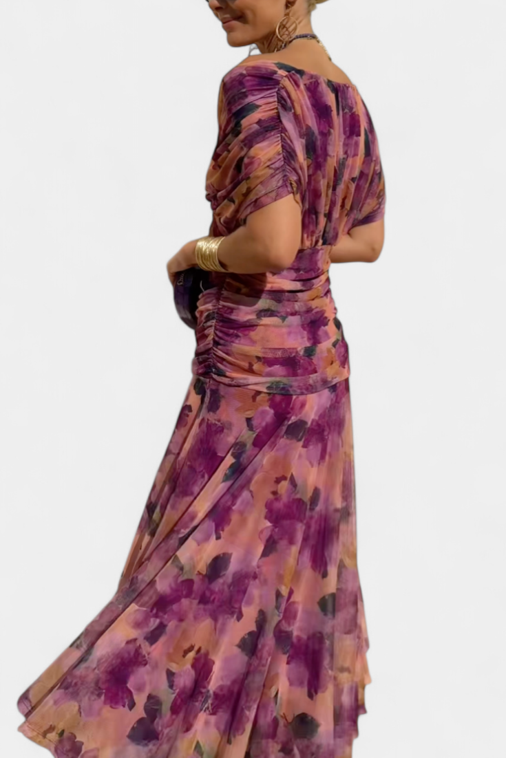Women's Elegant Off-Shoulder Midi Dress Draped Ruched Bodice Floral Feminine – Lowenna - Lolly 