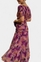 Women's Elegant Off-Shoulder Midi Dress Draped Ruched Bodice Floral Feminine – Lowenna - Lolly 