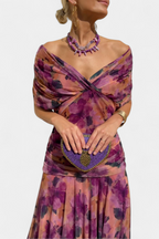 Women's Elegant Off-Shoulder Midi Dress Draped Ruched Bodice Floral Feminine – Lowenna - Lolly 