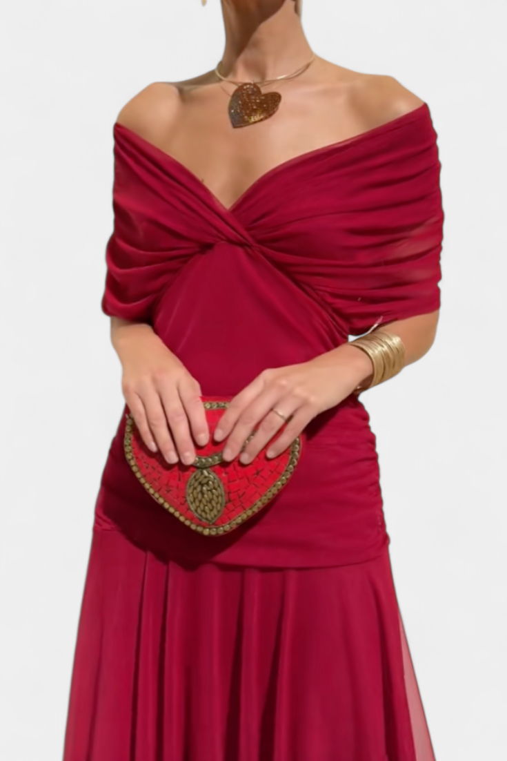 Women's Elegant Off-Shoulder Midi Dress Draped Ruched Bodice Floral Feminine – Lowenna - Lolly 