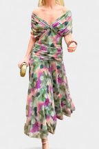 Women's Elegant Off-Shoulder Midi Dress Draped Ruched Bodice Floral Feminine – Lowenna - Lolly 