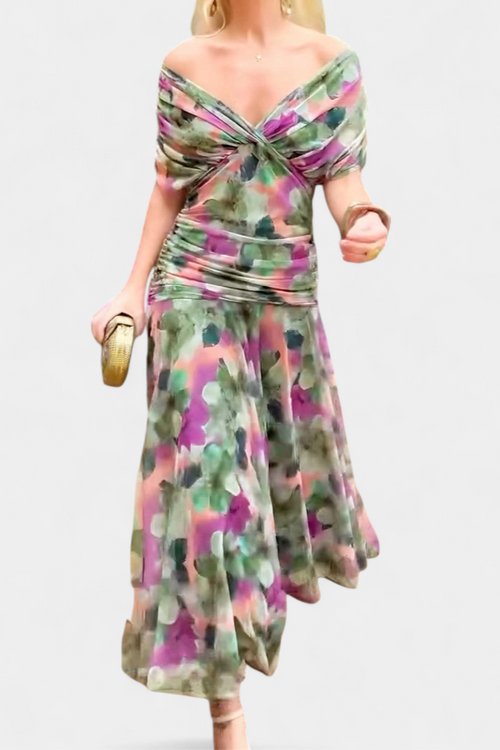 Women's Elegant Off-Shoulder Midi Dress Draped Ruched Bodice Floral Feminine – Lowenna - Lolly 