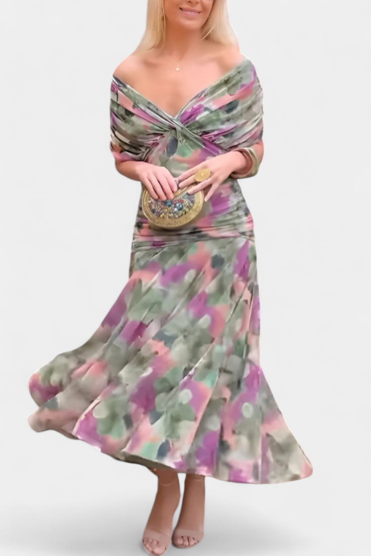 Women's Elegant Off-Shoulder Midi Dress Draped Ruched Bodice Floral Feminine – Lowenna - Lolly 