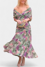 Women's Elegant Off-Shoulder Midi Dress Draped Ruched Bodice Floral Feminine – Lowenna - Lolly 