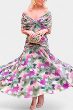 Women's Elegant Off-Shoulder Midi Dress Draped Ruched Bodice Floral Feminine – Lowenna - Lolly 