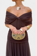 Women's Elegant Off-Shoulder Midi Dress Draped Ruched Bodice Floral Feminine – Lowenna - Lolly 